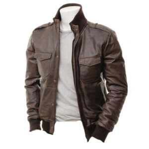 Men’s Dark Brown Bomber Jacket with Shoulder Patches