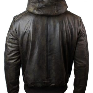 MEN’S DARK BROWN WASHED Troubled Leather Jacket With REMOVABLE HOOD