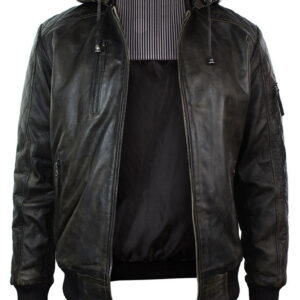 MEN’S DARK BROWN WASHED Troubled Leather Jacket With REMOVABLE HOOD