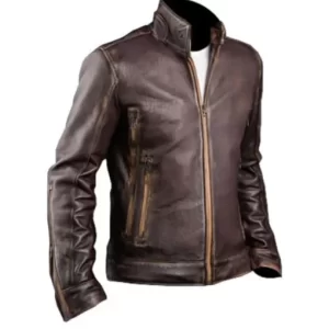 Mens Cowhide Cafe Racer Biker Leather Jacket